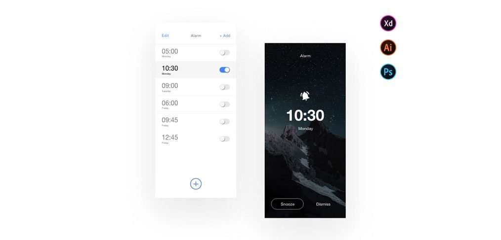 Clock Alarm mobile app XD template
